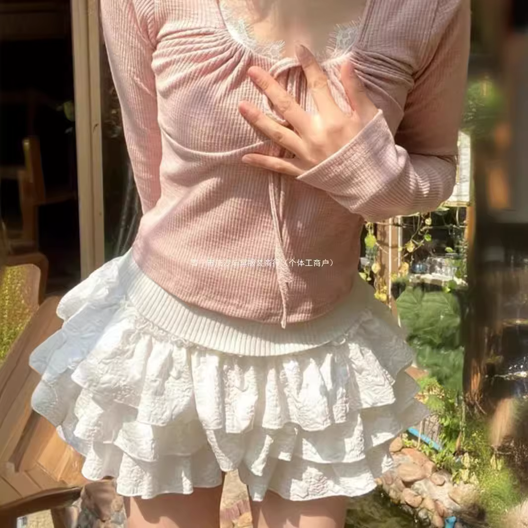 Femmes Kawaii Lolita Shorts jupe 2024 été volants couches Patchwork taille haute Mini jupes fille do