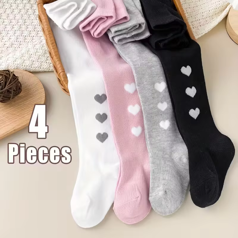 4 paires de collants pour enfants doux et élastiques à motif en forme de cœur - Parfaits pour jouer