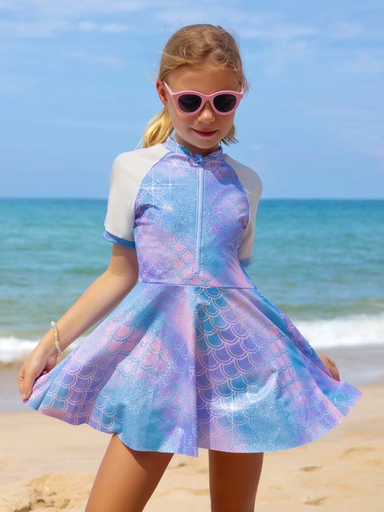 Maillot de bain deux pièces pour filles, nouvelle collection 2026, imprimé, manches courtes, fermetu