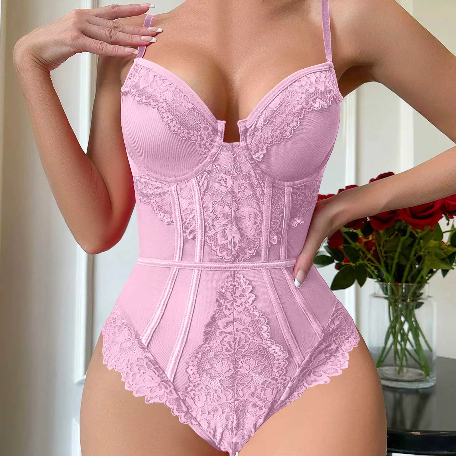 Body Sexy en dentelle blanche, Corset transparent à bretelles, Lingerie séduisante, Push Up, Teddy,