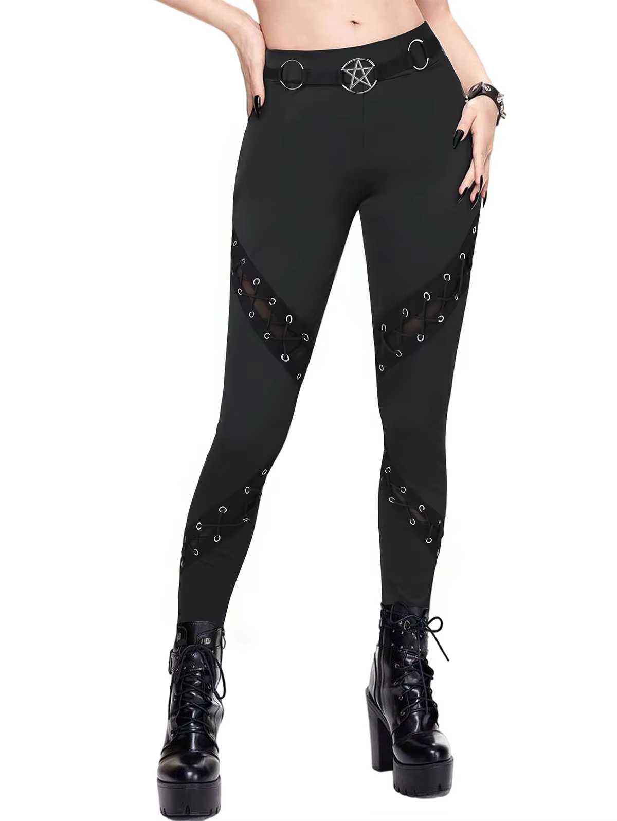 Dressfo Leggings gothiques pour femmes, couleur unie, œillet à lacets, joint torique, slim, crayon