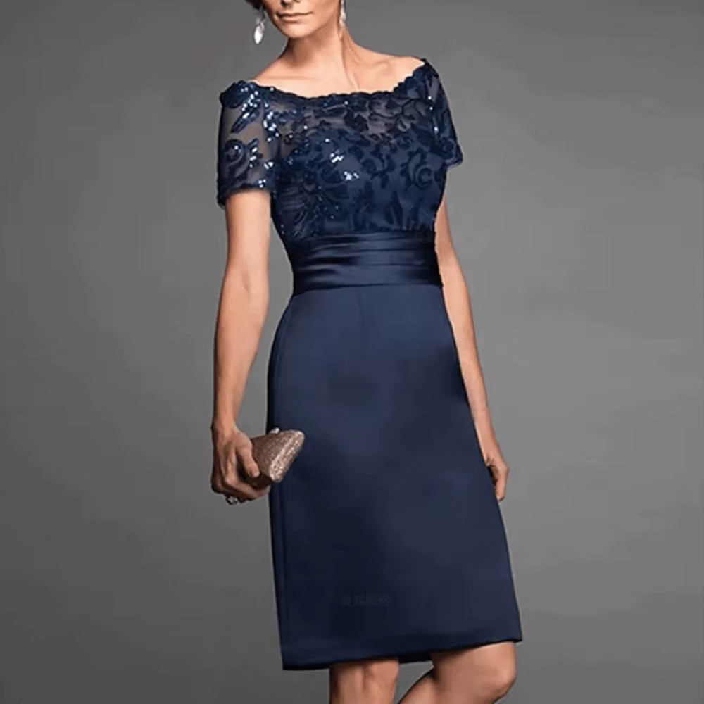 Robes mère de la mariée bleu marine, longueur aux genoux, gaine, robes d'invitées de mariage, robe é