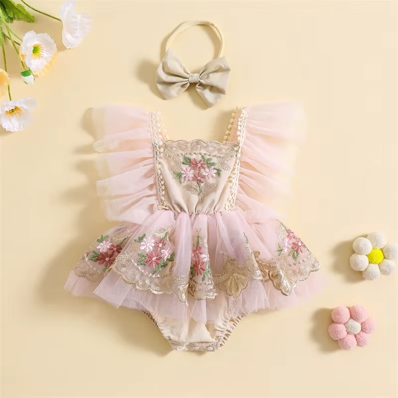Robe body pour bébé fille de 0 à 24 mois, barboteuse brodée de fleurs, manches volantes, avec bandea