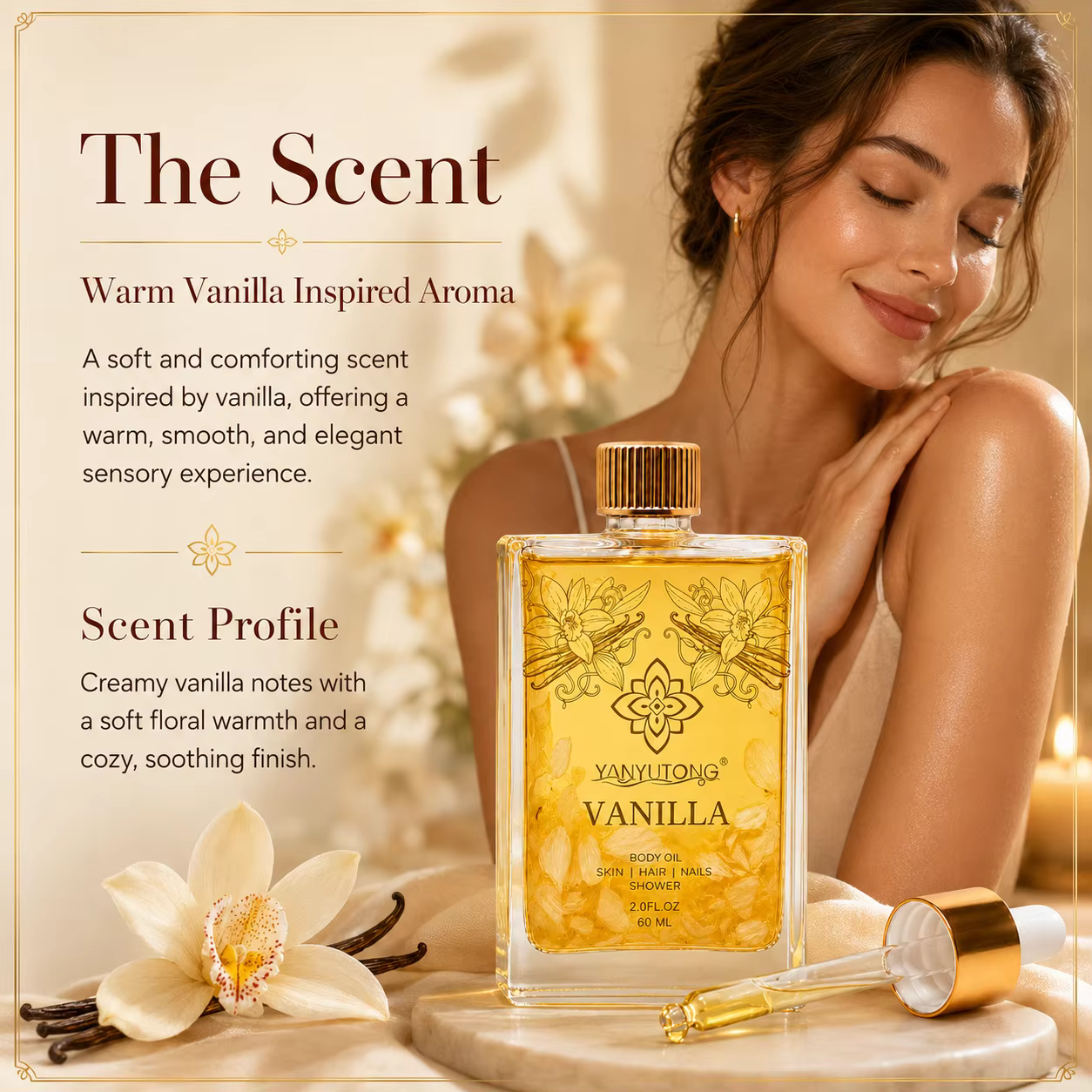 60 ml d'huile essentielle de vanille, nourrissante et hydratante, absorption rapide, douce, apaisant