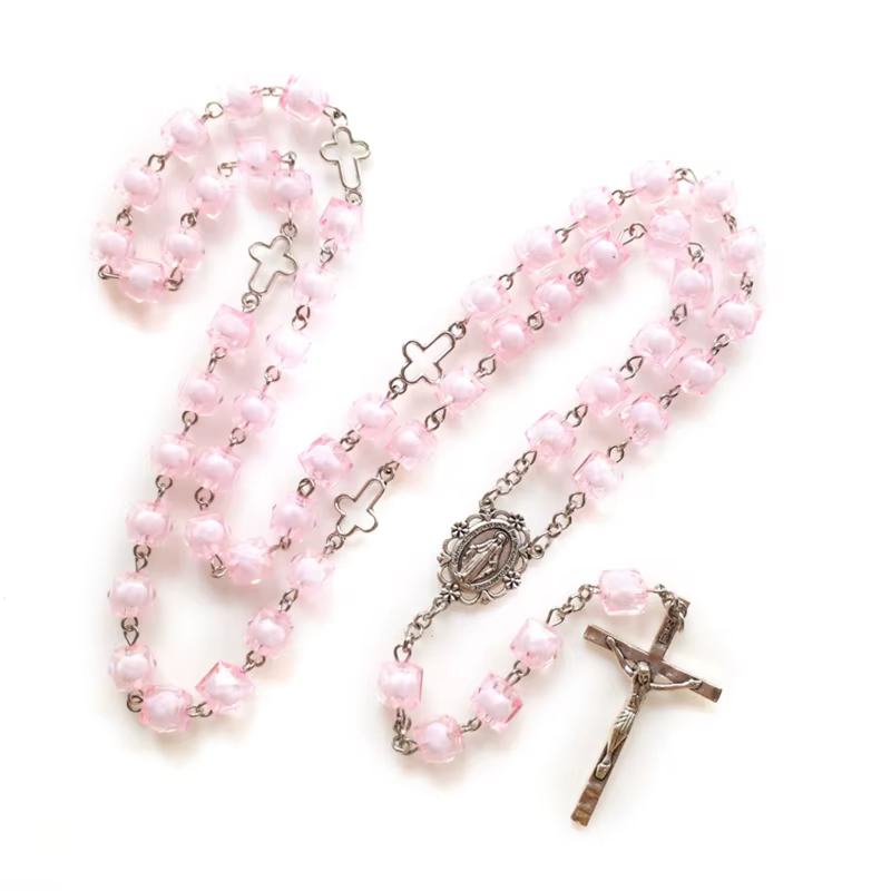 Carré rose pour collier chapelet croix, bijoux sacrés, pendentif, cadeau prière