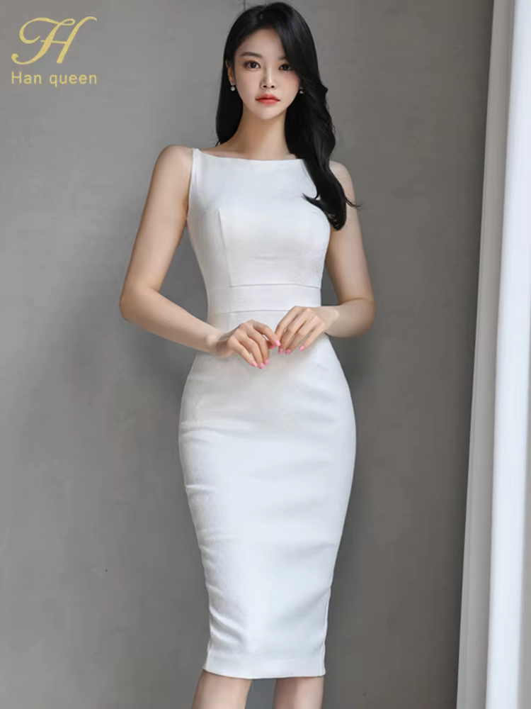 H Han Queen nouvelle femme vêtements mince blanc gaine crayon robe d'été bureau fête robes élégantes