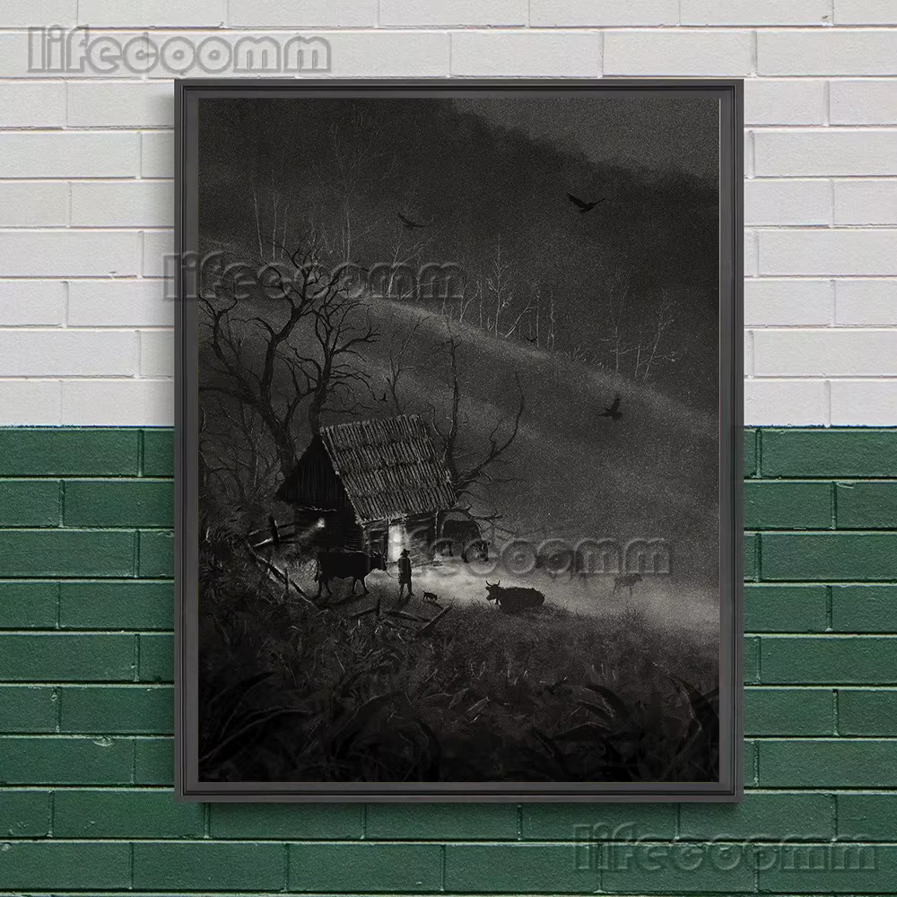 Toile d'art mural abstrait noir-blanc, cabane de montagne et voyageurs, peinture silencieuse, forêt 