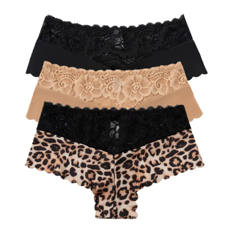 Culotte en dentelle léopard pour femme, sous-vêtement sexy, couleur unie, 3 pièces