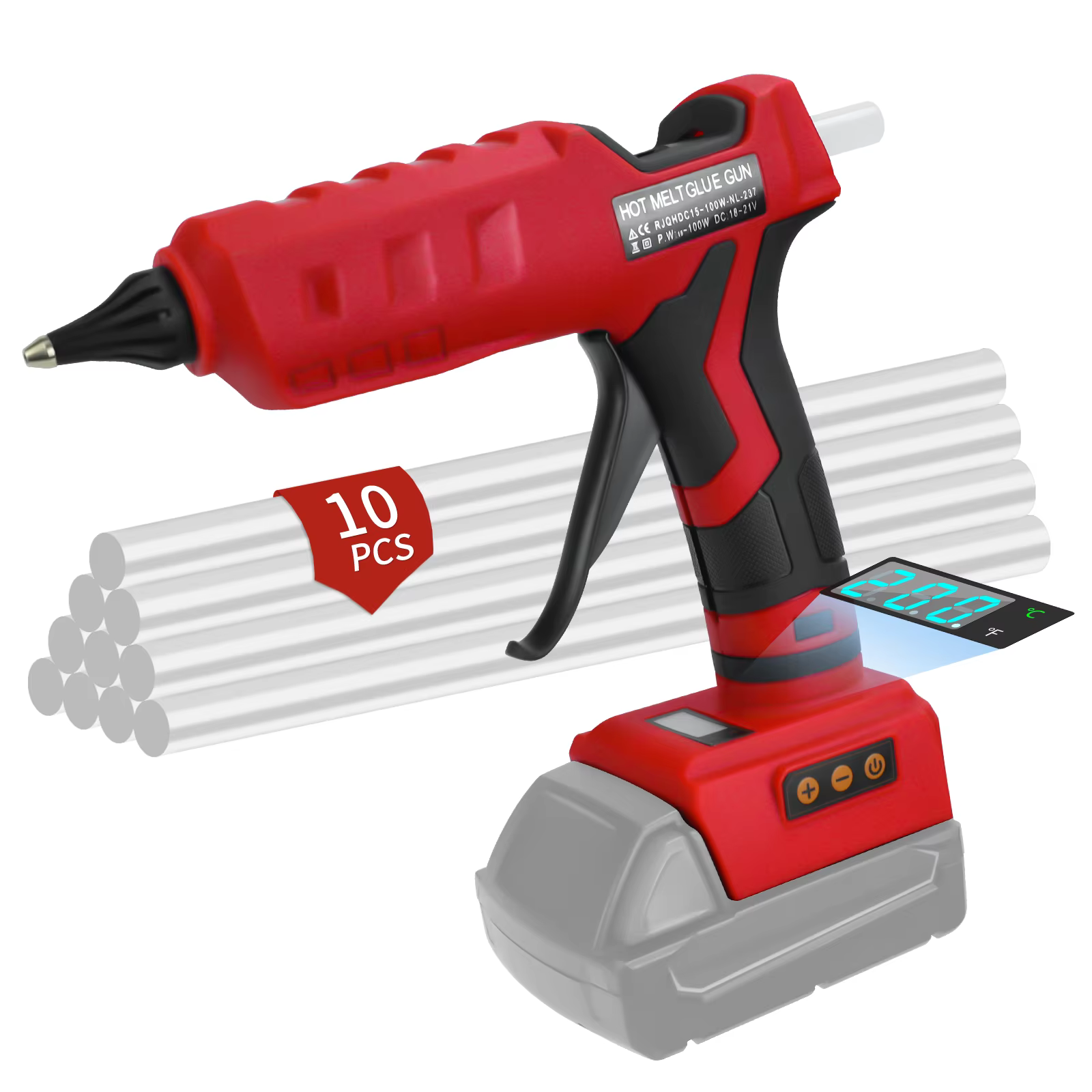 Pistolet à colle thermofusible sans fil 100 W 100 ℃ -200 ℃ Écran numérique LCD avec 10 bâtons de c