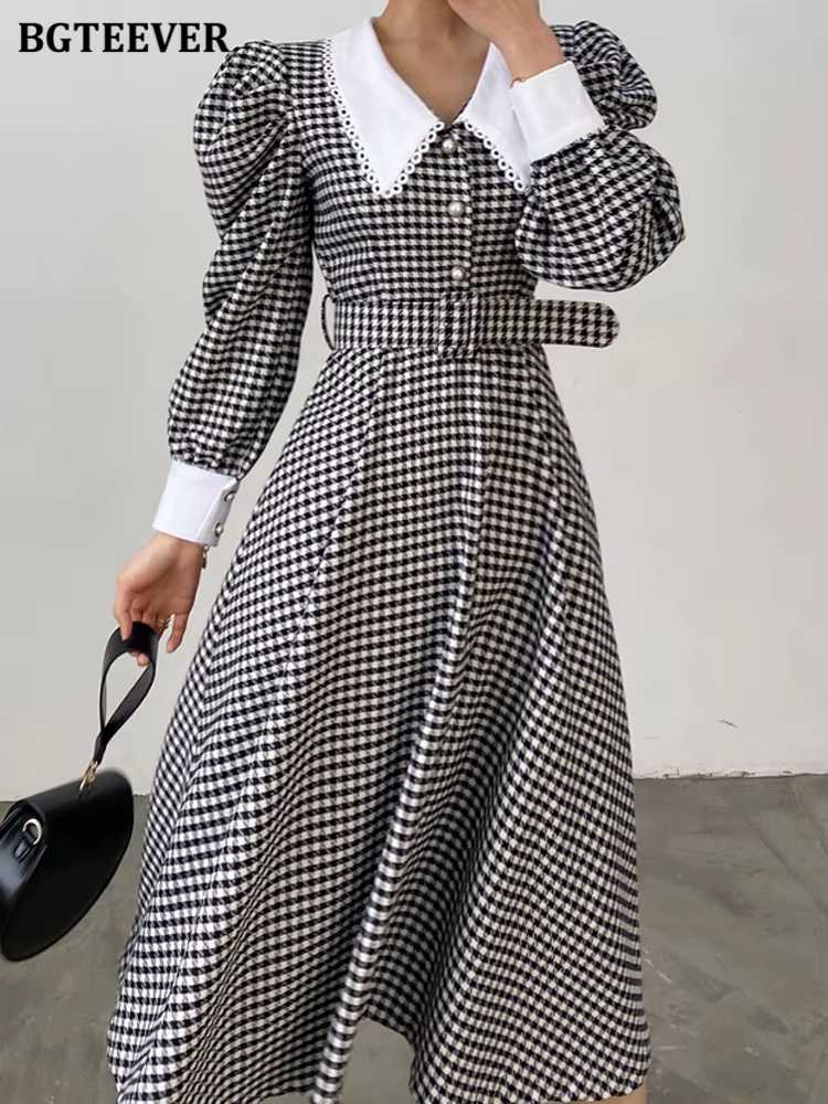 BGTEEVER-Robe trapèze patchwork vintage pour femme, robe à carreaux, manches bouffantes, taille fine