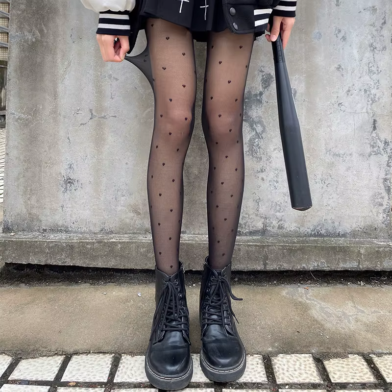 Collants en soie à pois sexy avec nœud/cœur, fins, pour femme, en nylon noir/blanc, pour boîte de nu