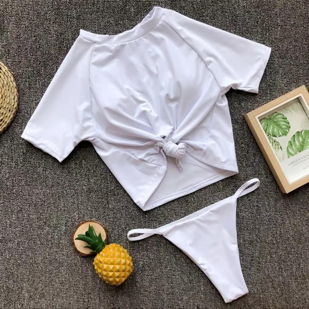 Maillot de bain deux pièces sexy pour femme, 2 couleurs, manches courtes, noué, couleur unie, tenue