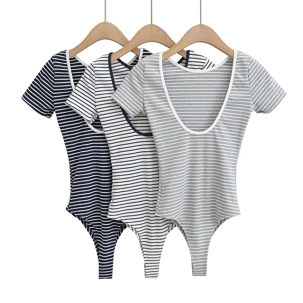 Body à rayures noires et blanches pour femmes, lingerie sexy, manches courtes, mode, médicaments, mo