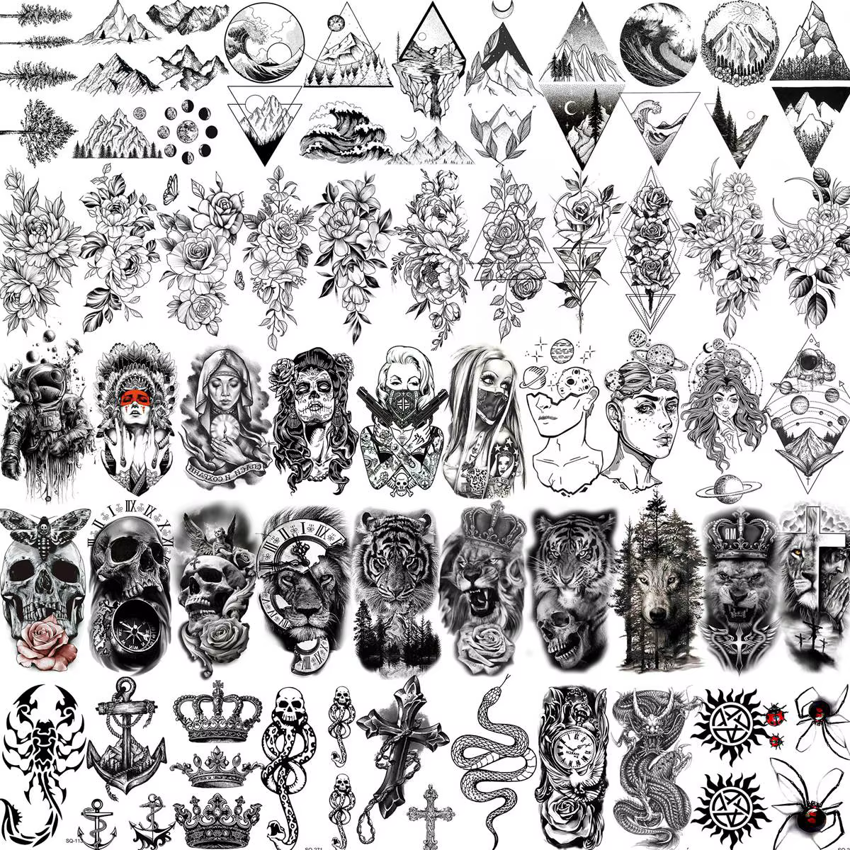 52 feuilles de tatouages temporaires crâne noir pour hommes femmes bras cou tatouages pâte fausse pe