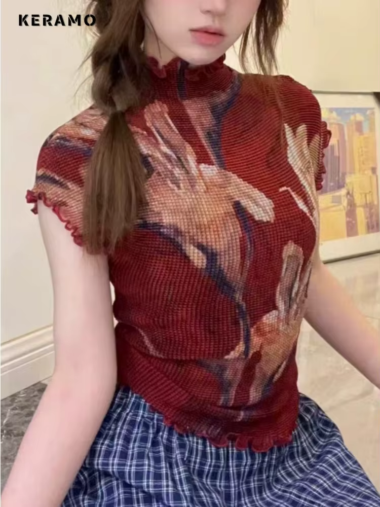 2025 été Coquette Hotsweet imprimé fleuri gaine à manches courtes T-shirt femmes Sexy décontracté co