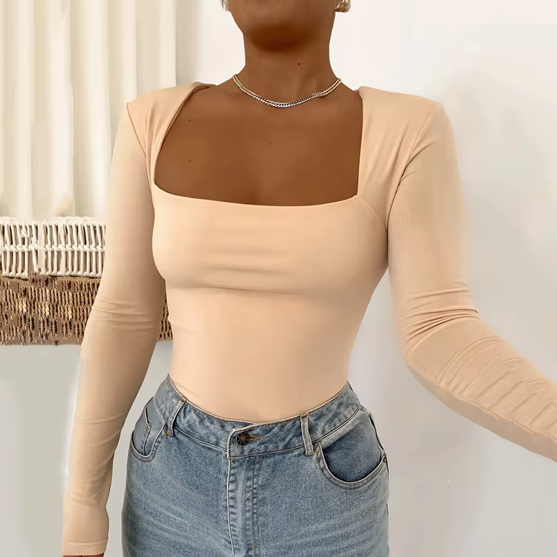 Body manches longues salopette pour femmes 2024 streetwear moulante col carré femme basique noir sal
