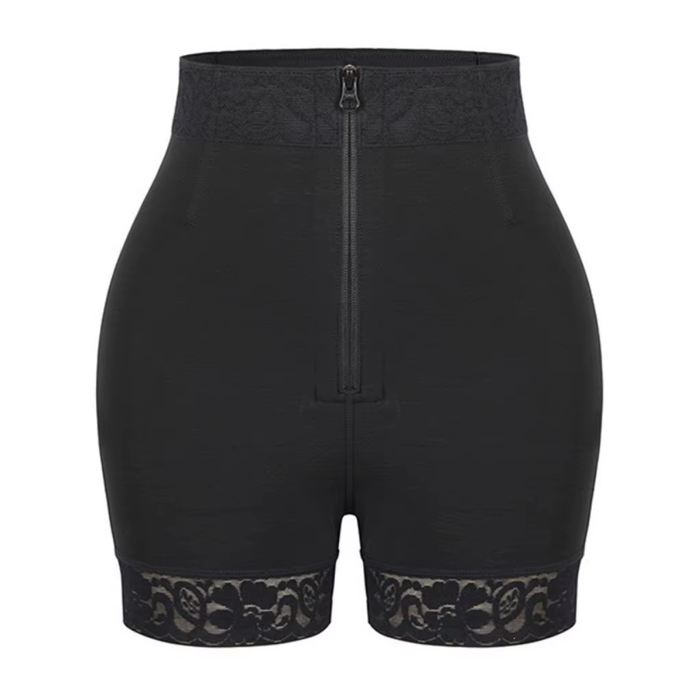 Shorts de compression taille haute sans couture à fermeture éclair sur le devant, effet remonte-fess