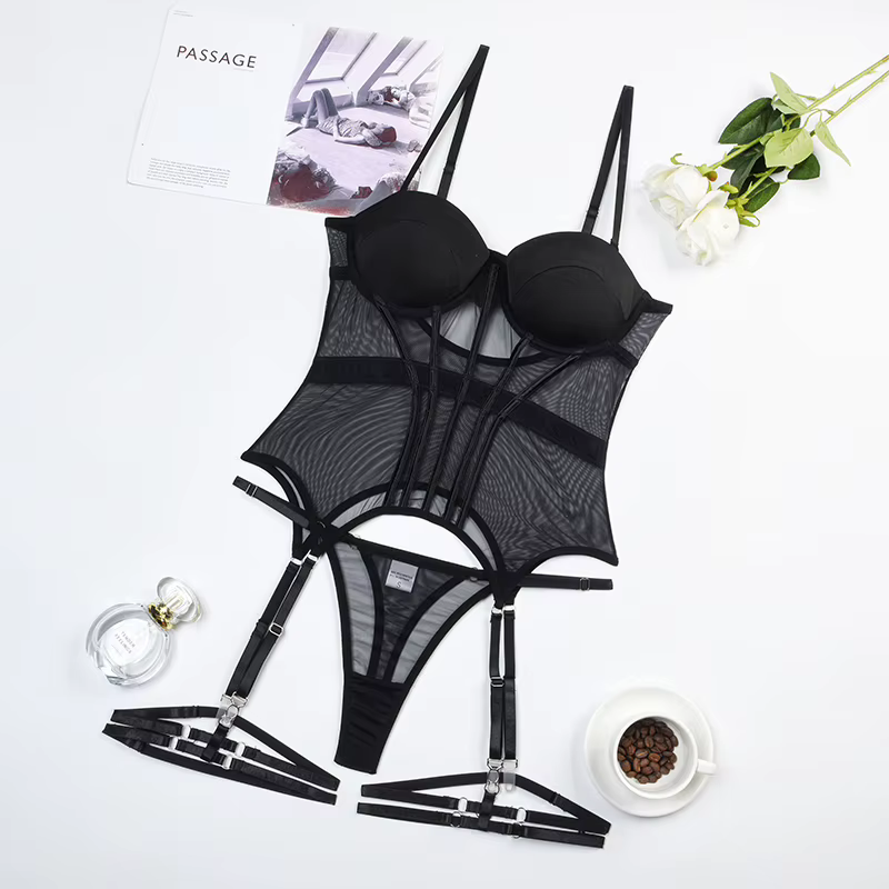 Lingerie Lxury marque body dos nu hauts pour femmes 3 pièces ensemble de Lingerie avec jarretière ro