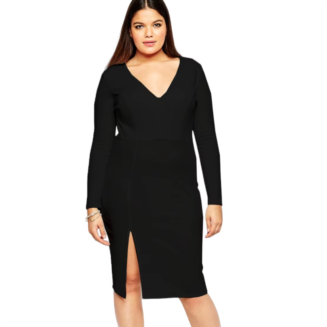 Robe fourreau élégante à manches longues pour femmes, grande taille, Sexy, col en v, fendue sur le d