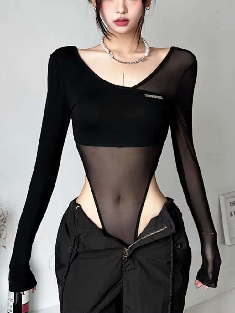 Costume de batterie transparent noir pour femme, lingerie sexy, manches longues, col en V, une pièce