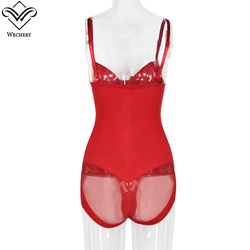 Wechery Red Top Body sculptant pour femme, effet rehausseur de fesses, en dentelle, entrejambe ouver