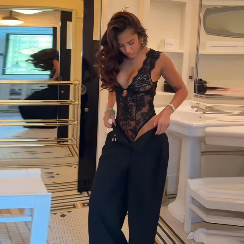 Nouvelle Combinaison Chic Femme en Dentelle Transparente, Décolleté Plongeant, Dos Nu, Style Clubbin