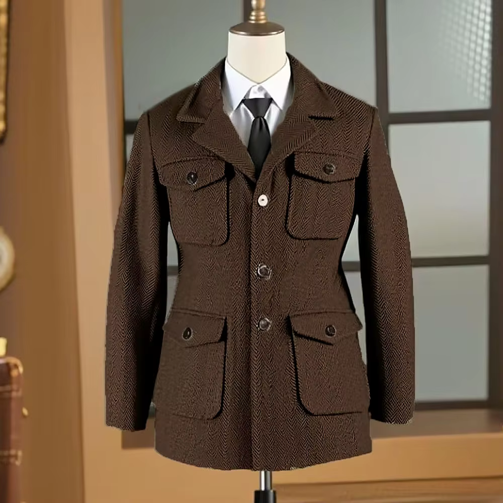 Veste de chasse pour homme, style britannique, en tweed à chevrons, revers, multi-poches, décontract