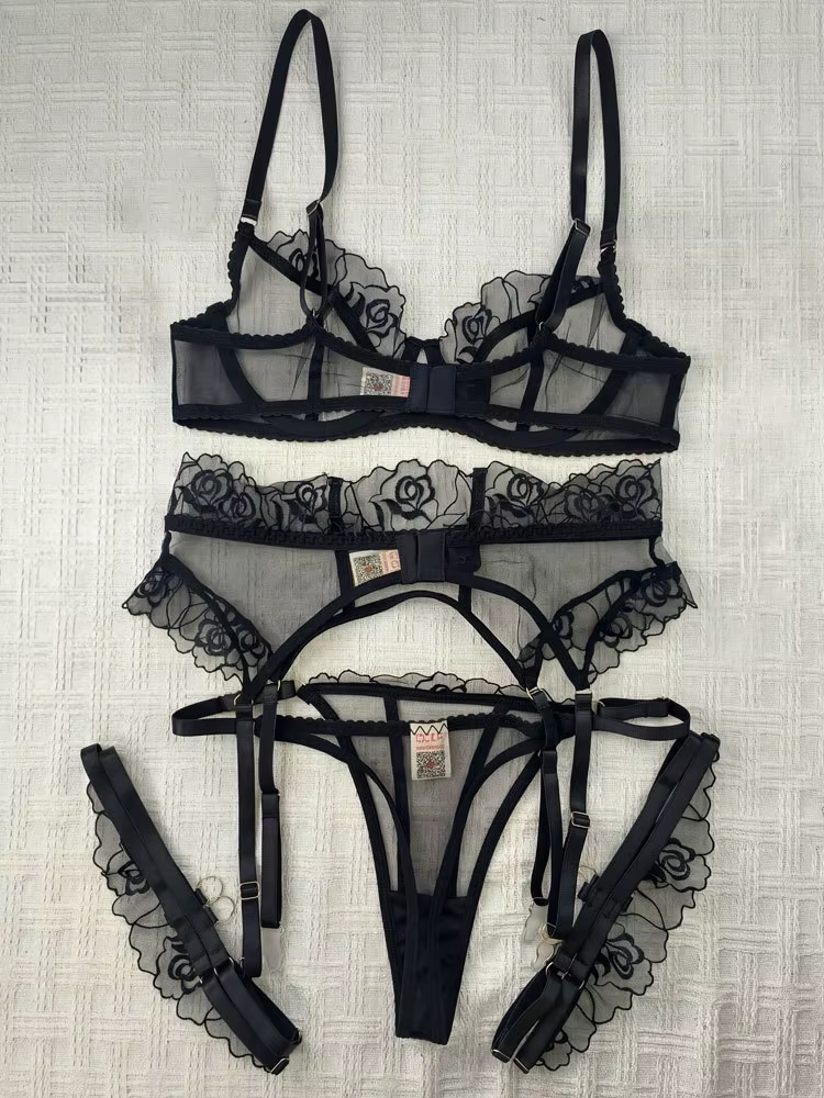 Ensemble de Lingerie Sexy 4 Pièces Belamimi de Luxe Brodé en Maille, Soutien-Gorge Sculptant, Tenue