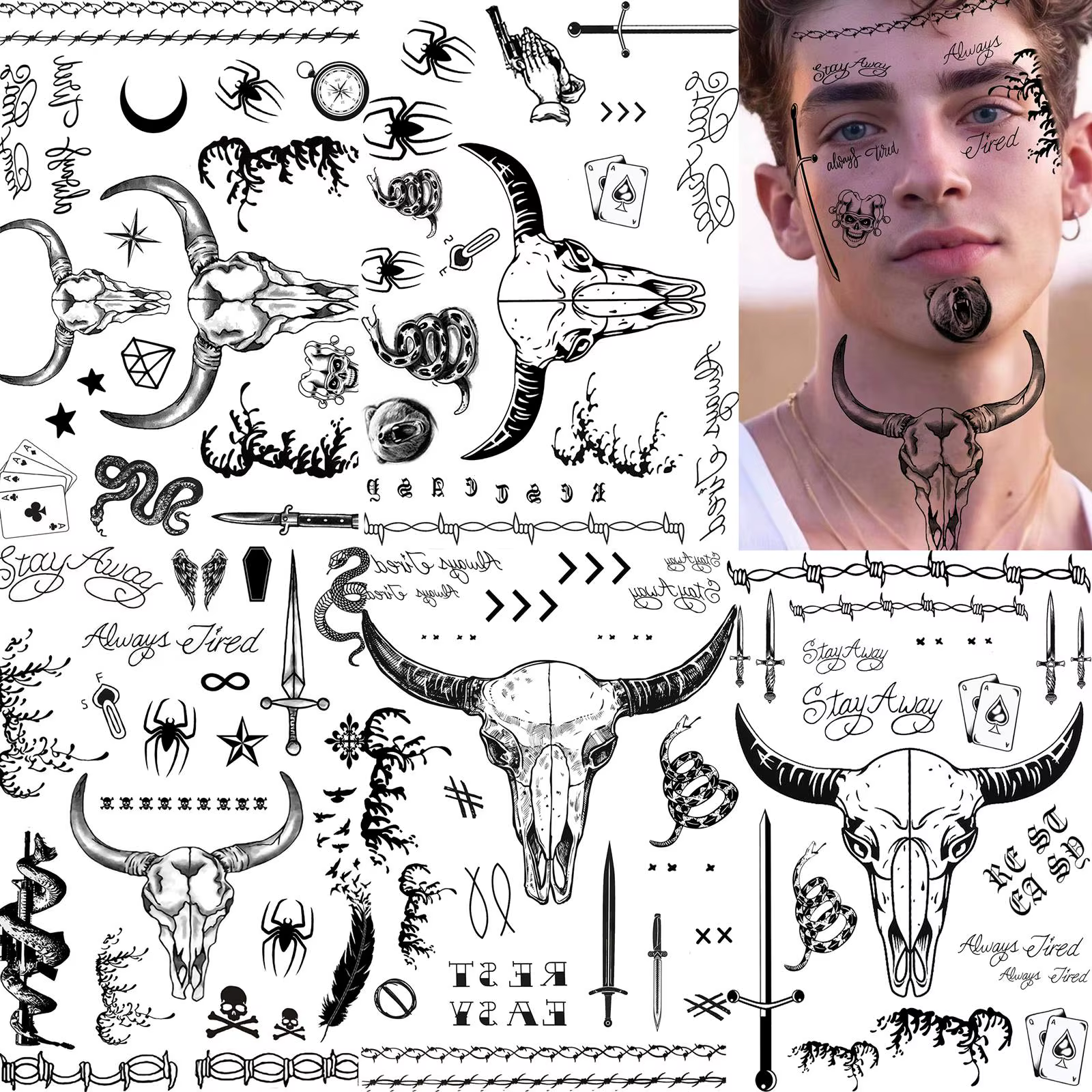 12 feuilles mode Pop rappeur taureau tête de bœuf tatouages temporaires pour hommes femmes adultes H