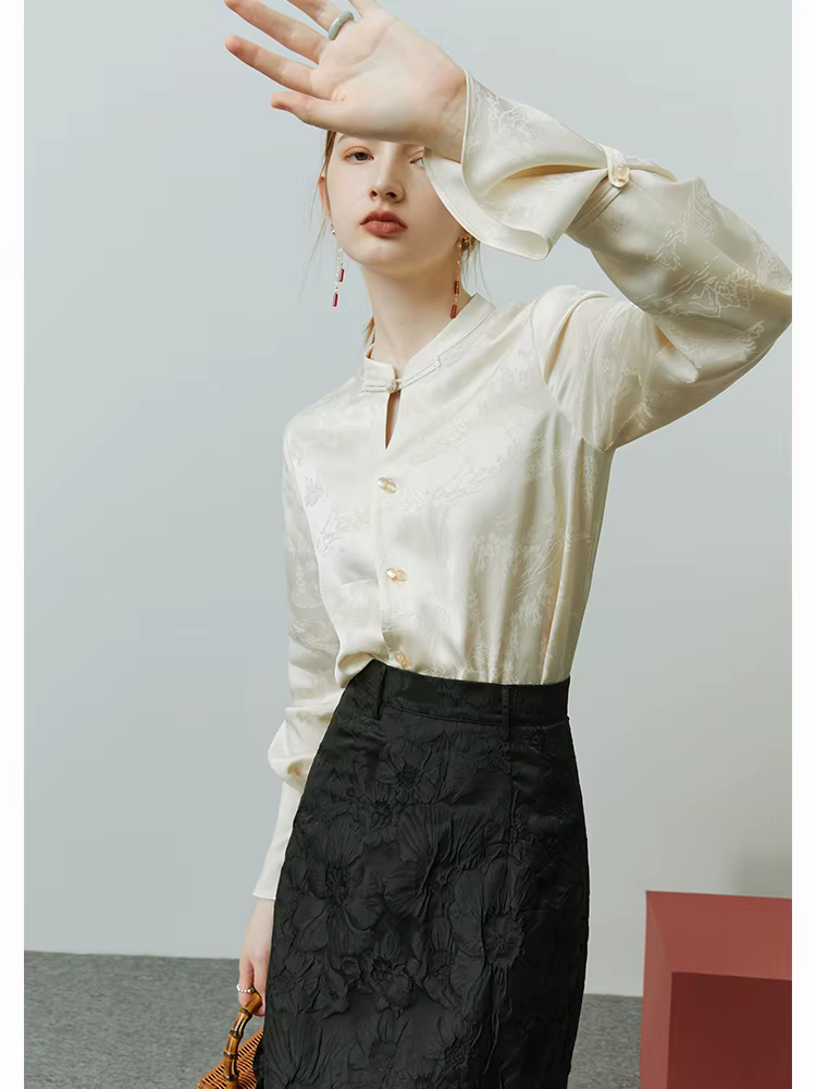 FSLE-Chemise boutonnée à l'acide acétique pour femme, style chinois, impression de peinture de paysa