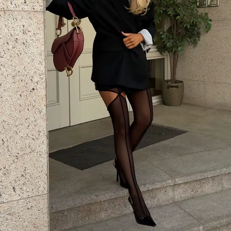 Collants sans pieds ligne noire pour femmes, Sexy, maille transparente, ajouré, nouveau Streetwear,