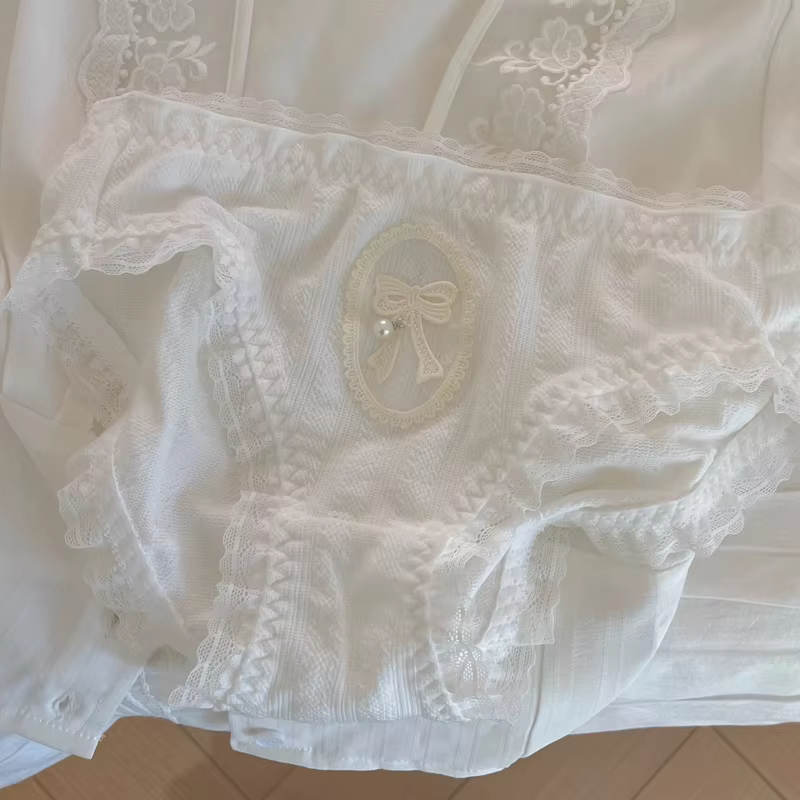 Coton rétro gothique foncé Lolita culotte nœud broderie fille dentelle bord taille basse slips confo