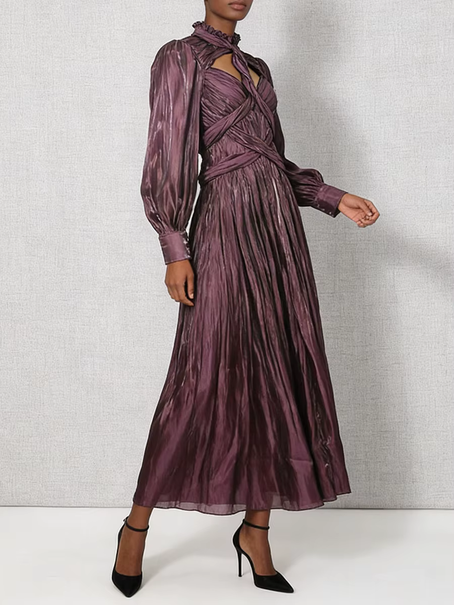 VGH Design Sense Folds Robes amincissantes ajourées pour femmes, col rond, manches longues, taille h
