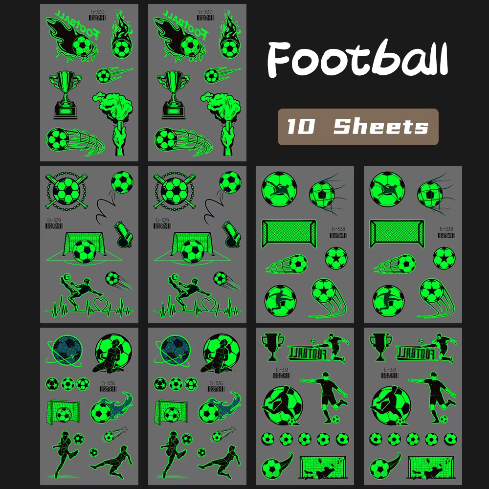 10 feuilles de tatouages de Football ballon de Football tatouages temporaires lumineux brillent dans