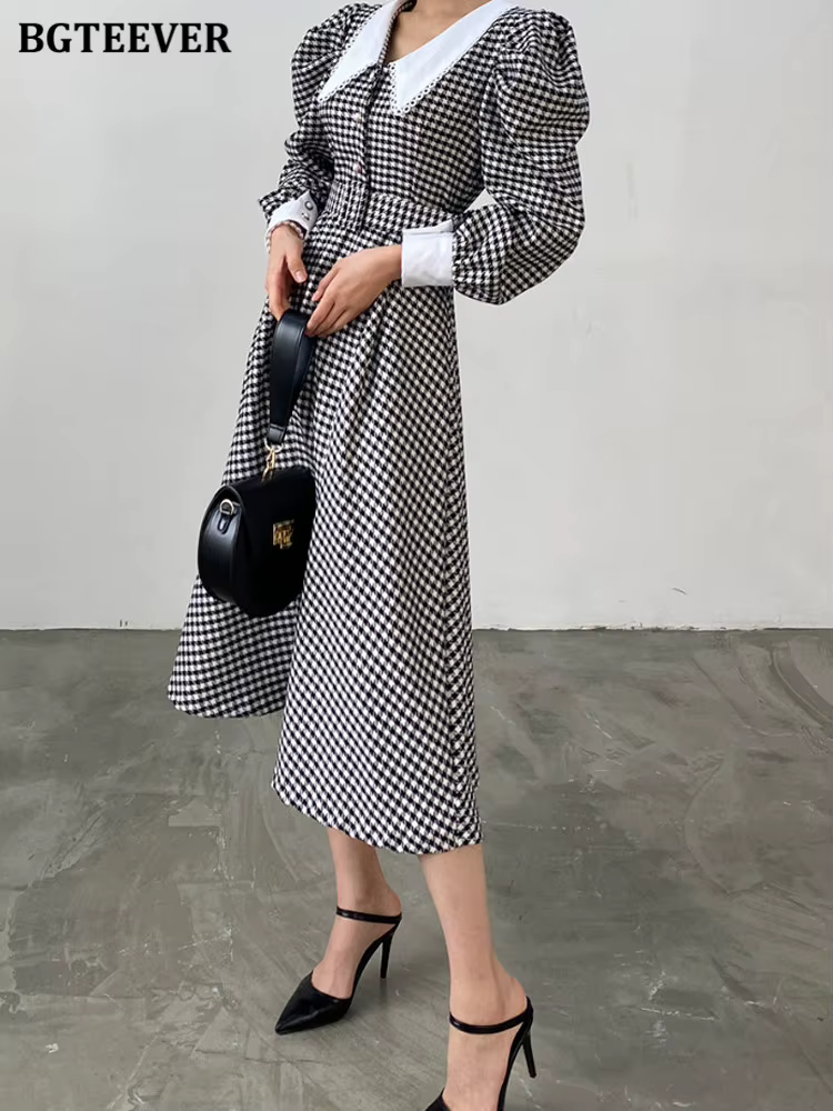 BGTEEVER-Robe trapèze patchwork vintage pour femme, robe à carreaux, manches bouffantes, taille fine