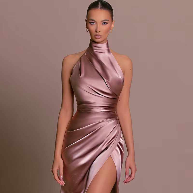 Robes longues élégantes pour femmes, robes de soirée pour femmes, col montant, col frontal, fente co