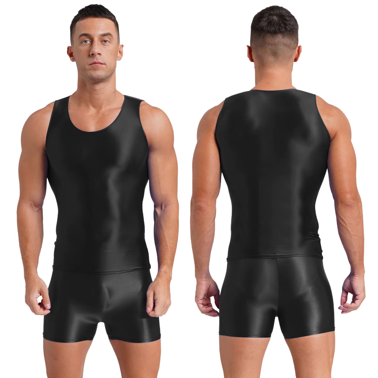 Maillot de bain brillant pour hommes, tenue deux pièces, col rond, débardeur extensible avec short,