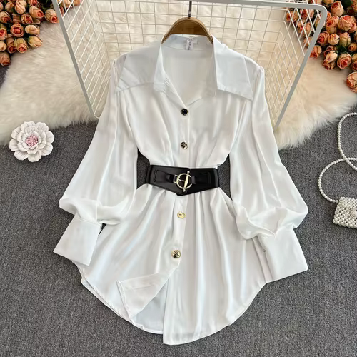 Neploe Printemps 2026 Nouvelle Robe Chemise Femme de Bureau Manches Longues Évasées Ceinture à Nouer