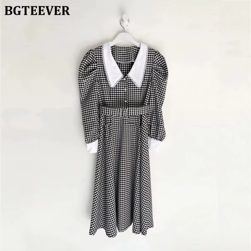 BGTEEVER-Robe trapèze patchwork vintage pour femme, robe à carreaux, manches bouffantes, taille fine
