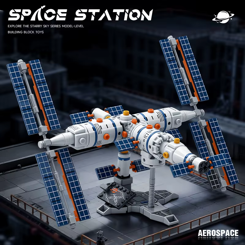 Blocs de construction de Station spatiale, briques d'architecture de ville, fusée aérospatiale, joue