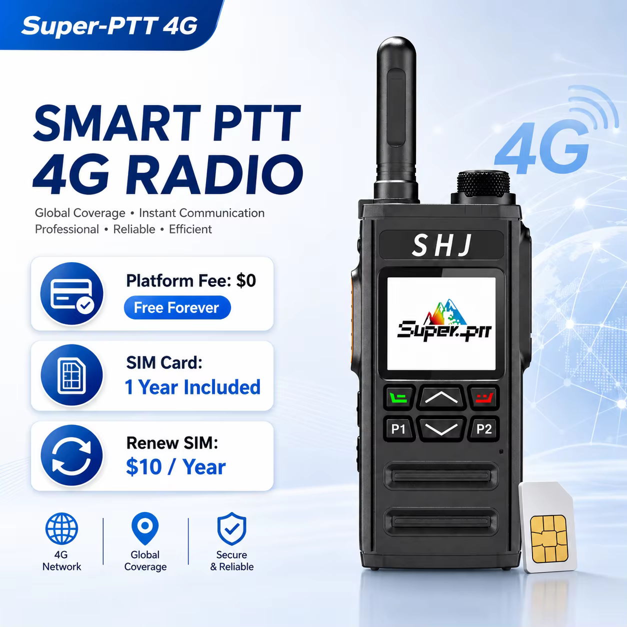 Talkie-walkie 4G LTE PTT avec carte SIM, radio Internet Super-PTT, localisation GPS, appel de groupe, sans limite de distance