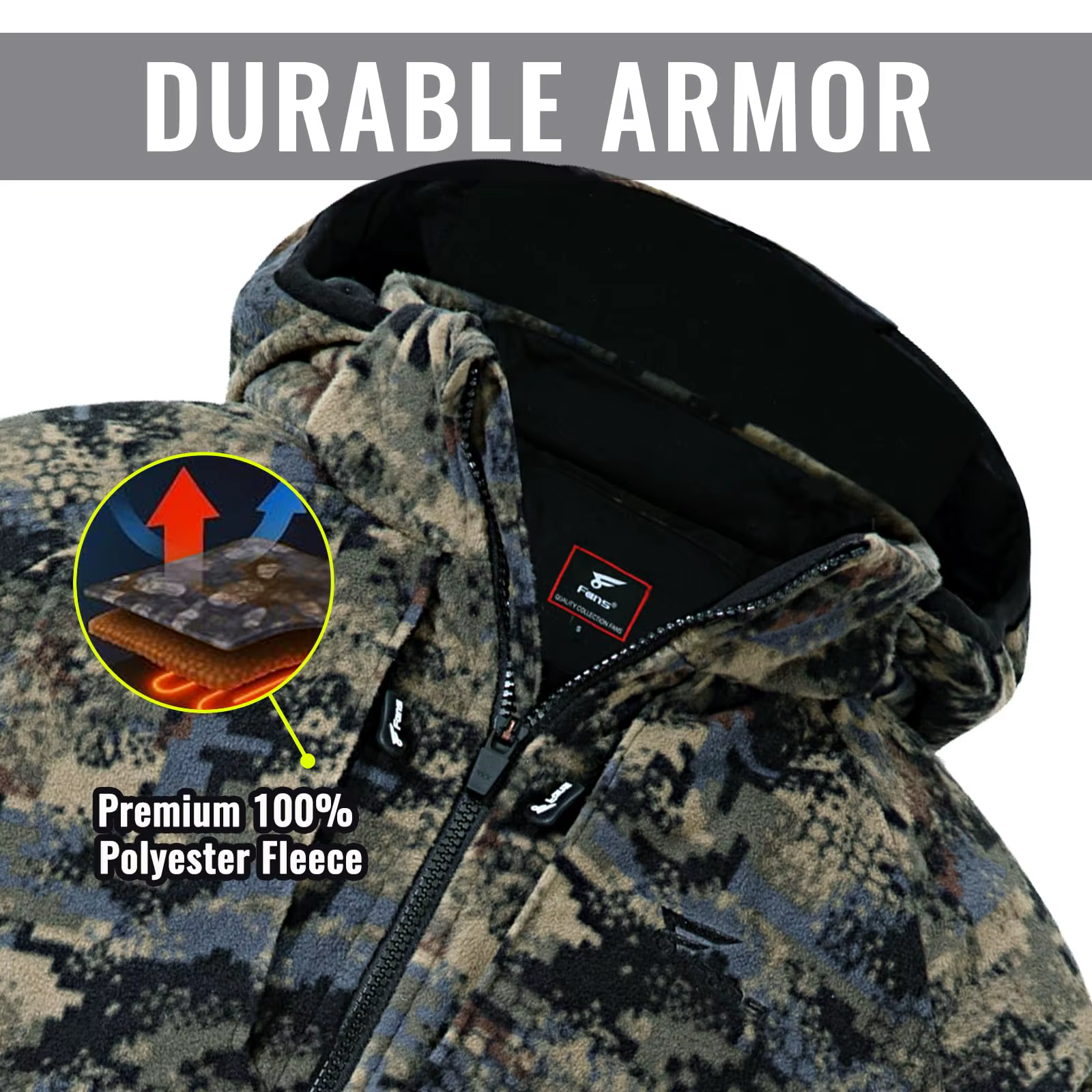8 Fans Veste camouflage de chasse pour hommes – Manteau léger respirant 100 % polyester avec capuche et poches détachables
