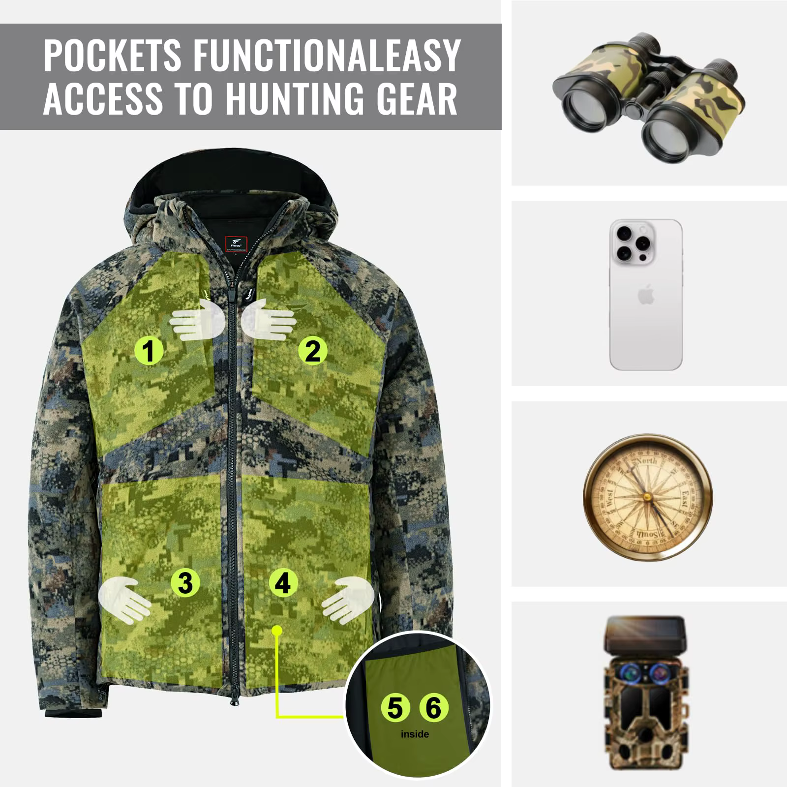8 Fans Veste camouflage de chasse pour hommes – Manteau léger respirant 100 % polyester avec capuche et poches détachables