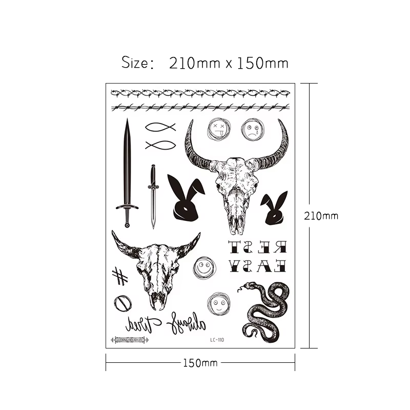 Faux Tatouage Temporaire Malone de Grande Taille pour Homme, Autocollant Tête de Taureau, Cou, Main, Dos, Art Corporel Cool, Épée, Lettre, 21x15cm
