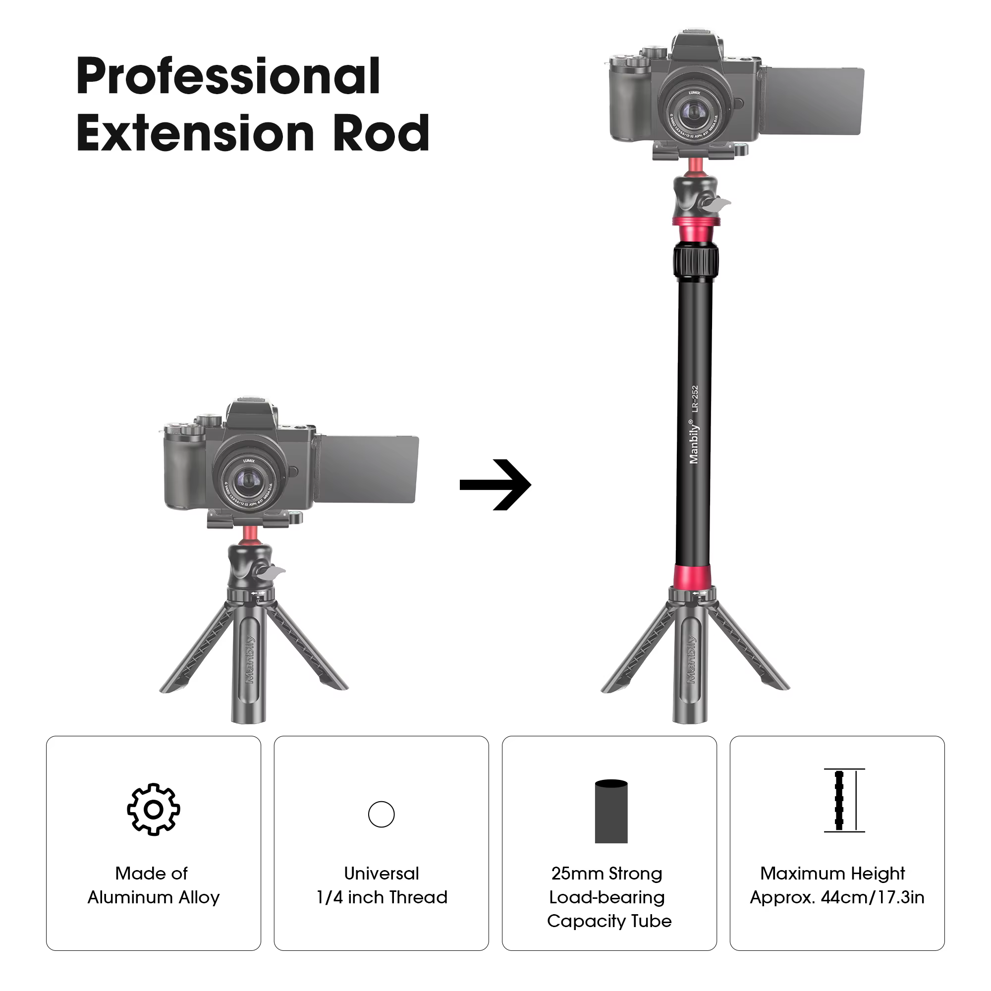 Manbily 108 cm tige d'extension rétractable extension monopode pôle pour 360 gopro max objectif DSLR et SLR smartphone appareil photo accessoire