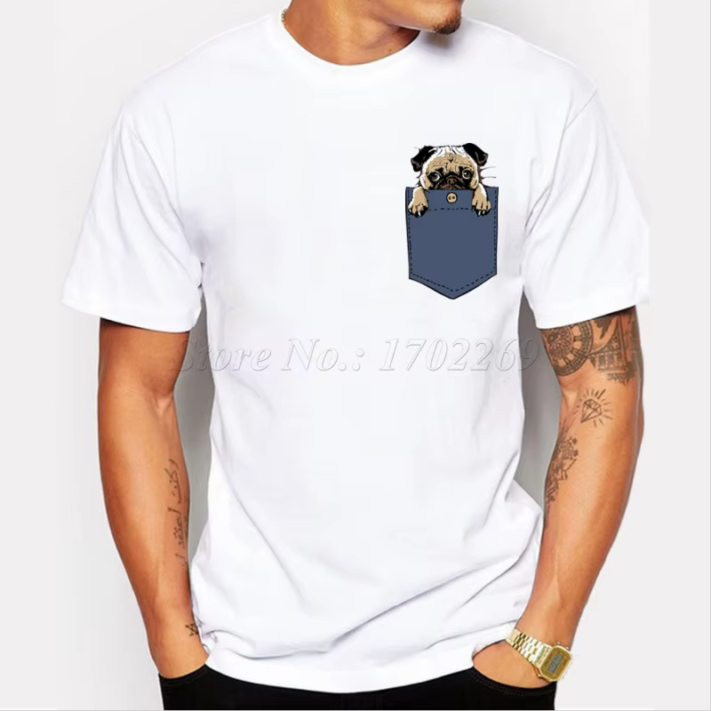 Pugturday – t-shirt manches courtes pour hommes, design carlin dans la poche, hauts amusants, hipster imprimé, décontracté, cool, MT983