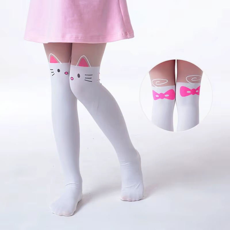 Collants d'été fins pour filles, bas en velours, faux tatouage, blanc, dessin animé chat renard, pour enfants