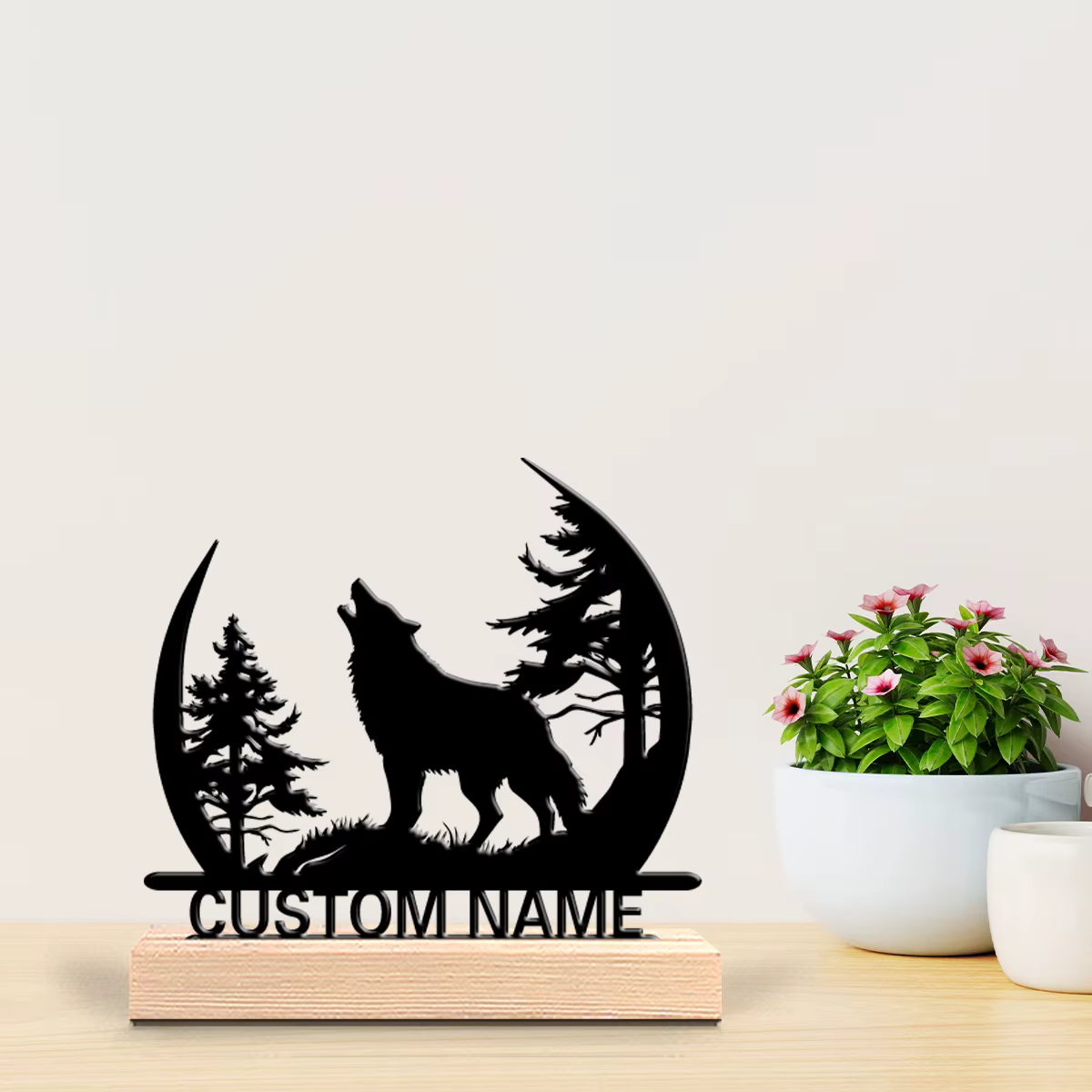 Statues métalliques personnalisées d'un loup est Howl, 1 pièce, Art en métal avec Base en bois, adaptées au bureau, chambre à coucher, salon