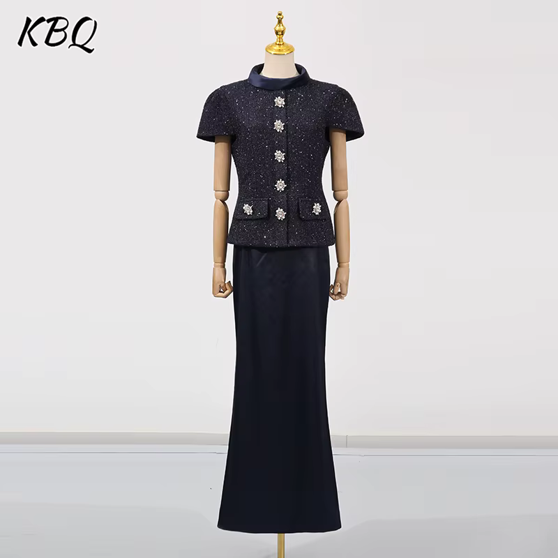 KBQ minceur deux pièces ensemble pour femmes col montant manches courtes épissé simple boutonnage haut taille haute jupe