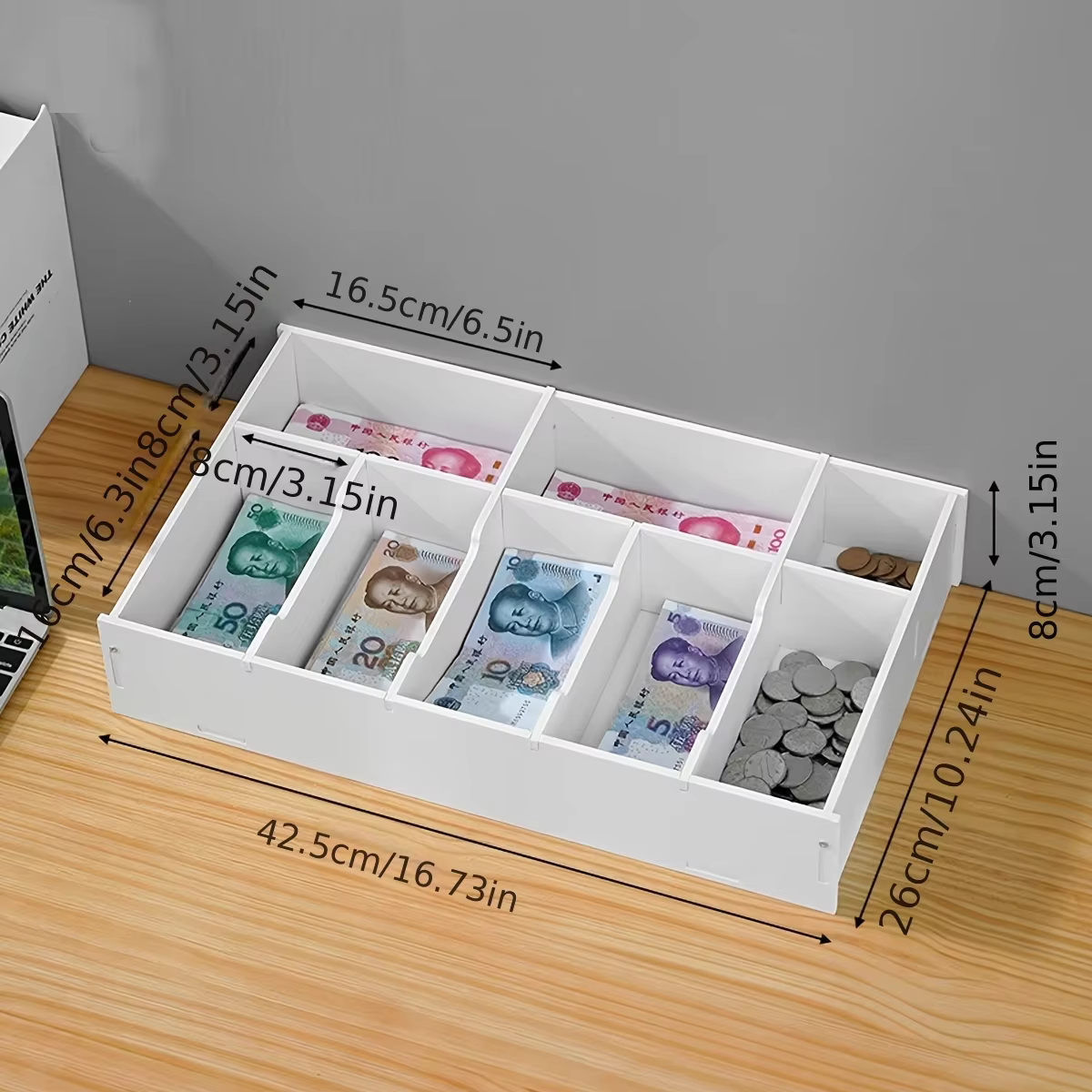 Tiroir-caisse 8 compartiments, plateau de rangement pour billets, boîte de tri de devises multi-compartiments pour le commerce de détail, classeur de bureau à domicile